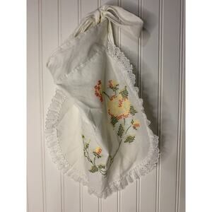Embroidered Yellow Roses On‎ Small White Apron WIth Pocket